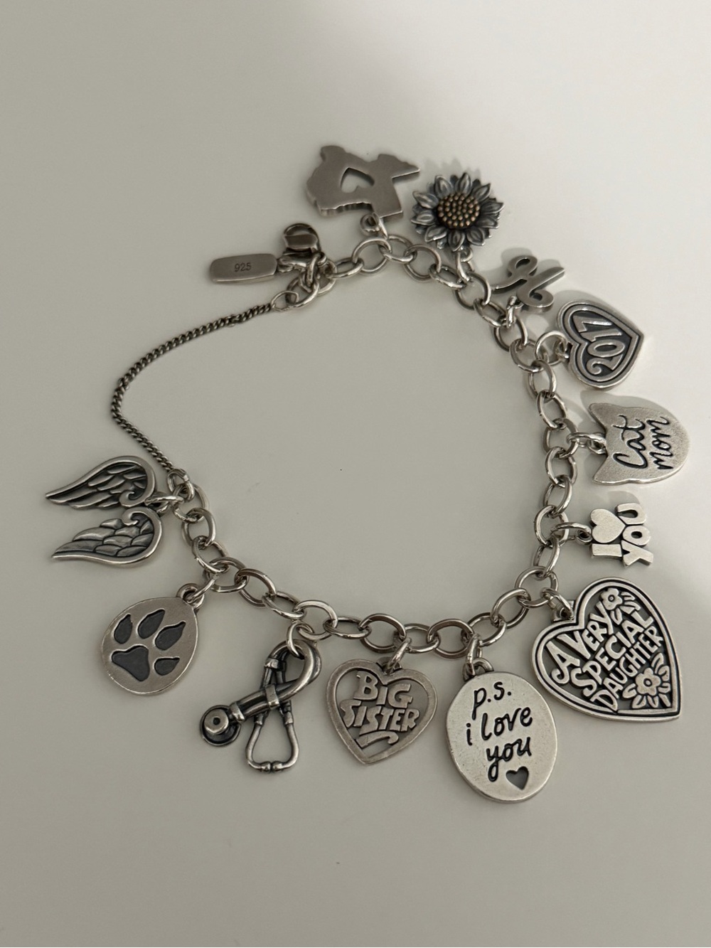 James Avery 925 Sterling Silver Charm Bracelet w/ P.S. I love you & Heart Charms - Picture 3 of 9